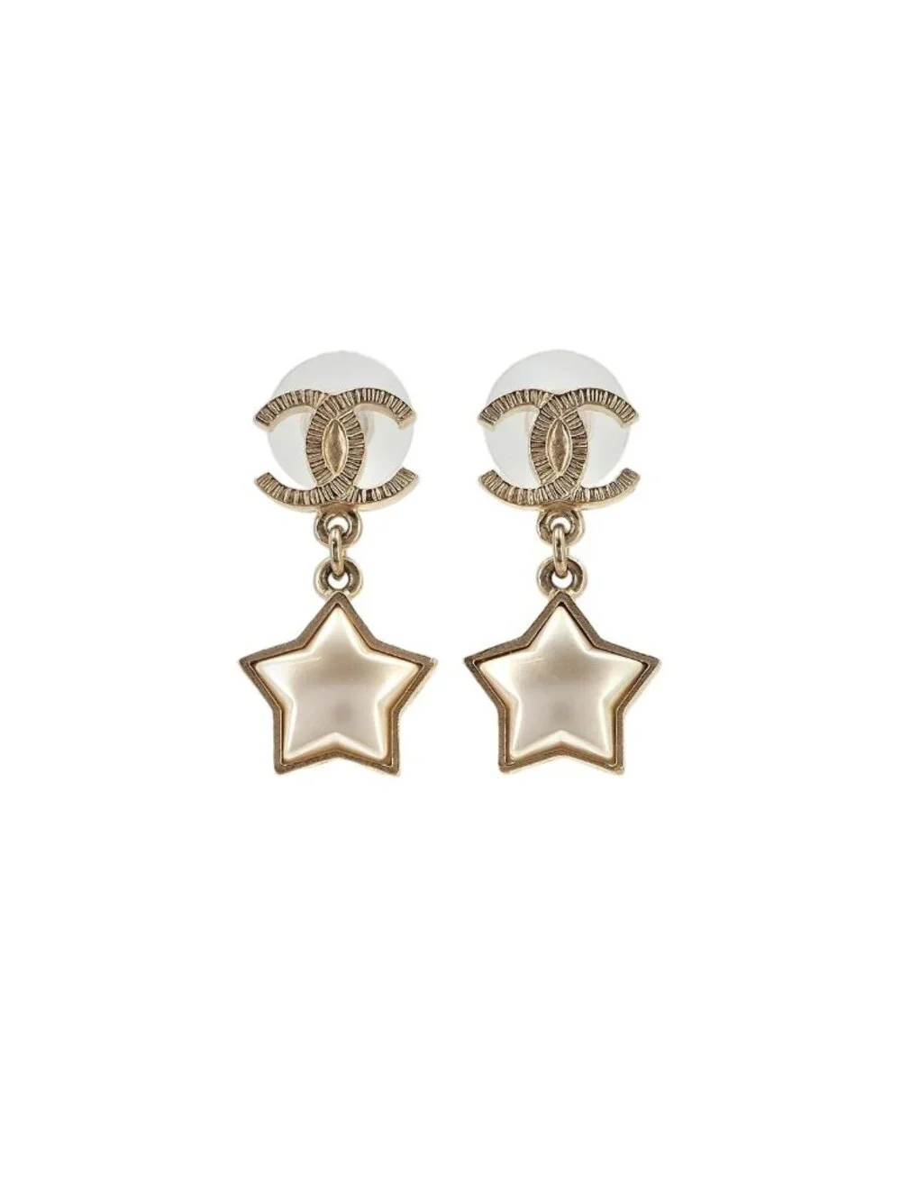 Chanel CC Logo Star Swing Earrings Faux Pearl Gold White